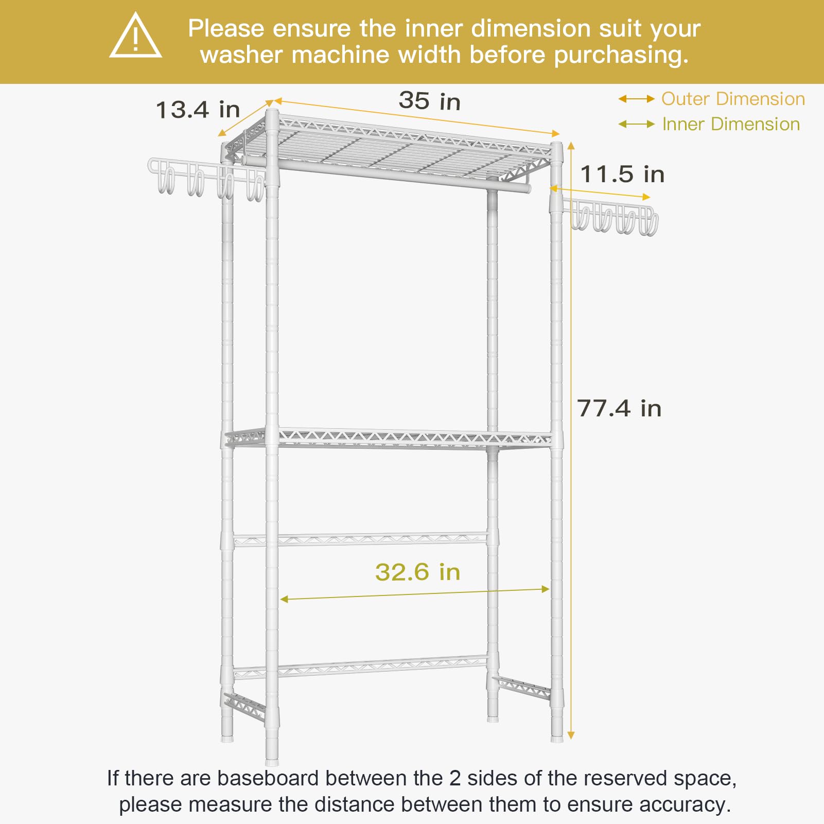 Ulif U12 Over Washer and Dryer Storage Shelves, Laundry Room Storage Rack for Organization, Clothes Drying Rack for Hanging Clothes and Towels, 35" W x 13.4" D x 77.3" H, White