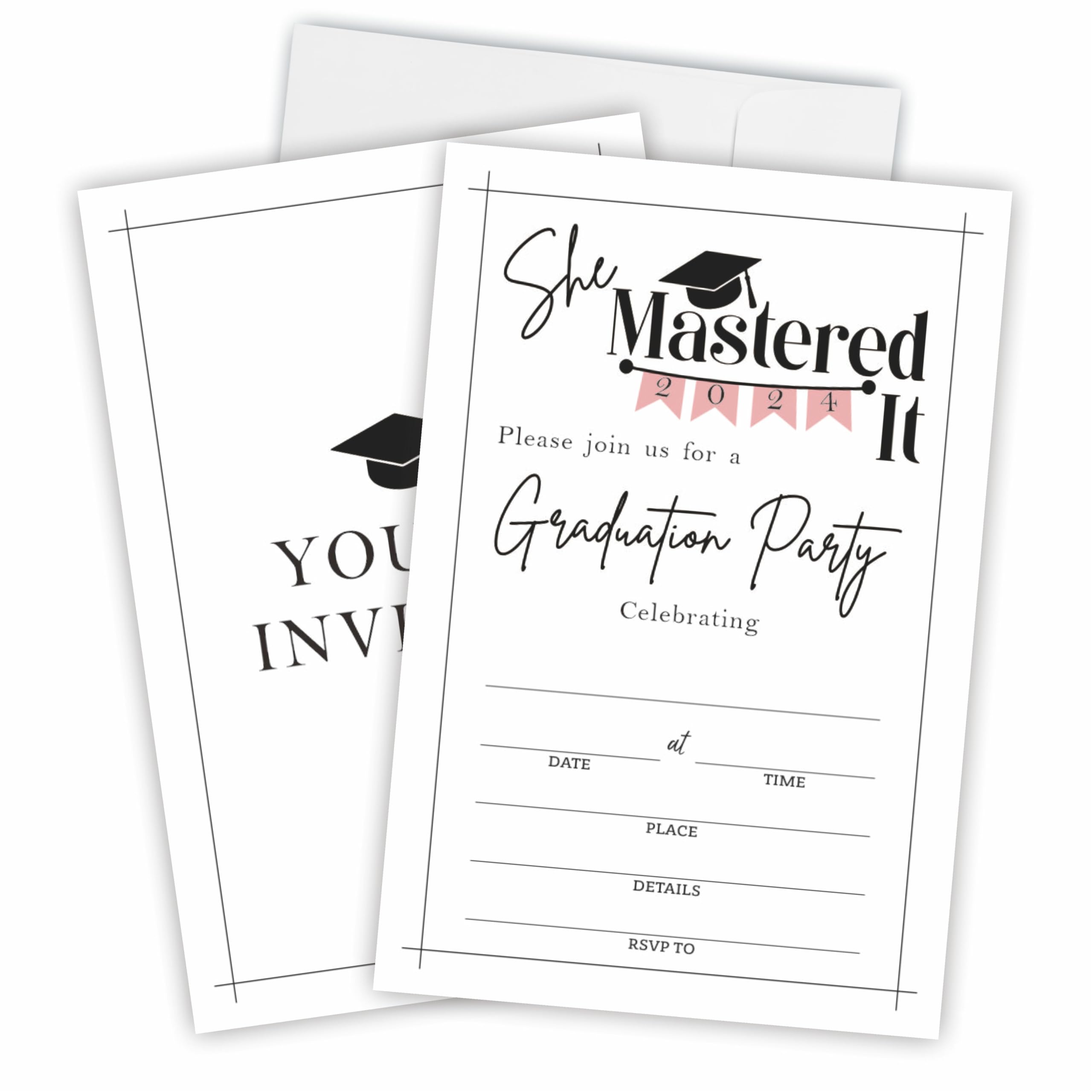 She Mastered It - 20 Graduation Invitation With Envelopes, 2024 High School, Double-Sided Invite Cards For University, College Graduate Celebration, Party Favor & Supplies(A05)