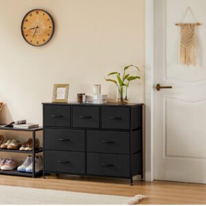 DUMOS Dresser for Bedroom with 7 Drawers, Storage Organizer Units Furniture, Chest Tower TV Stand with Fabric Bins, Metal Frame, Wooden Top for Nursery, Living Room, Kidsroom, Closet, Black