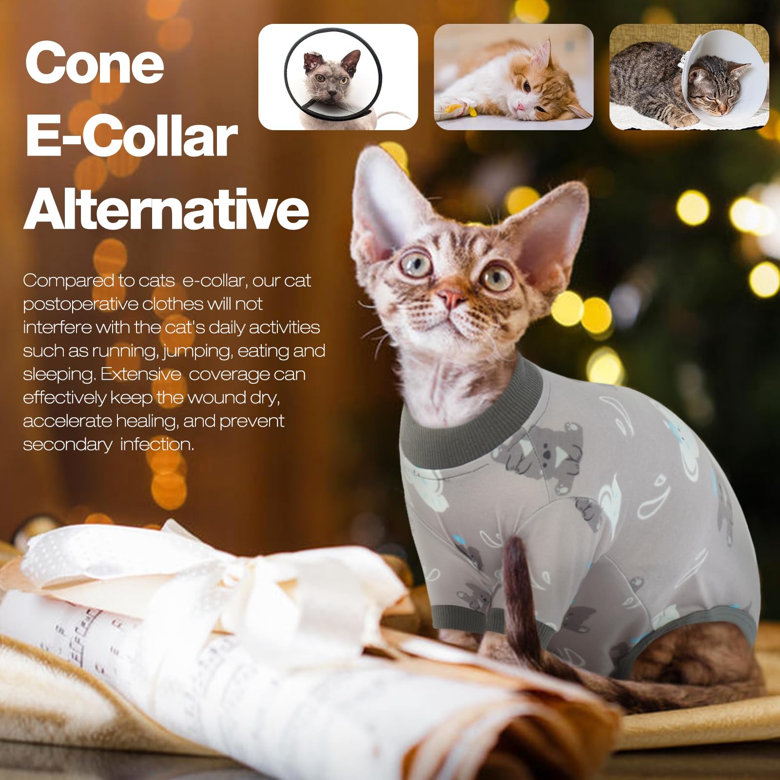 DENTRUN Cat Surgery Recovery Suit Female Male Cats Spay/Neuter Suit Soft Onesie After Surgery, Kitten Surgical Collar Cone Alternative Shirt, Abdominal Wounds Anti-Licking Cat Body Suit Post Surgery