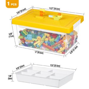 loobuu Plastic Storage Bins with Lids - 1 Set Stackable Arts Crafts Organizer Box with Removable Divided Tray &Compatible Building Baseplate,Toy Chest Containers for Bricks-Yellow(14.37"x9.64"x6.69")