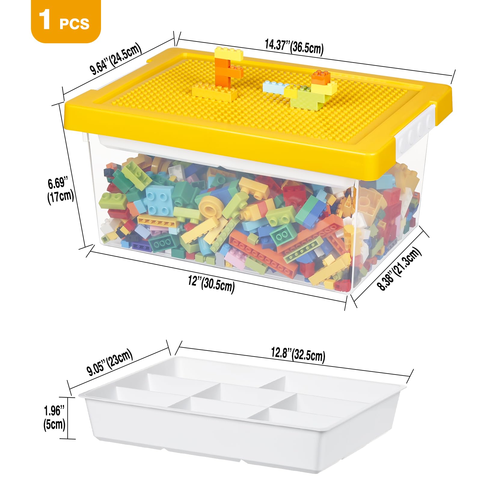 loobuu Plastic Storage Bins with Lids - 1 Set Stackable Arts Crafts Organizer Box with Removable Divided Tray &Compatible Building Baseplate,Toy Chest Containers for Bricks-Yellow(14.37"x9.64"x6.69")