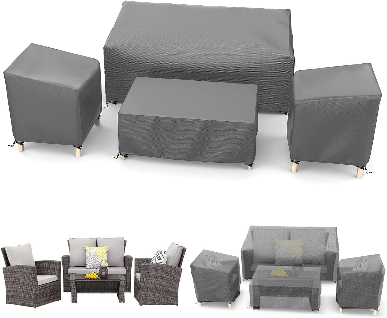 STARTWO Patio Furniture Covers 4 Piece Set Outdoor Furniture Covers Waterproof, Heavy Duty 600D Patio Furniture Set Cover for Chairs, Couch, Table Coffee, Grey