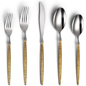 lemeya 20-piece hammered silver gold silverware set,18/10 stainless steel forging heavy duty cutlery set for 4, luxury unique flatware set,spoons and forks set,mirror polished,dishwasher safe