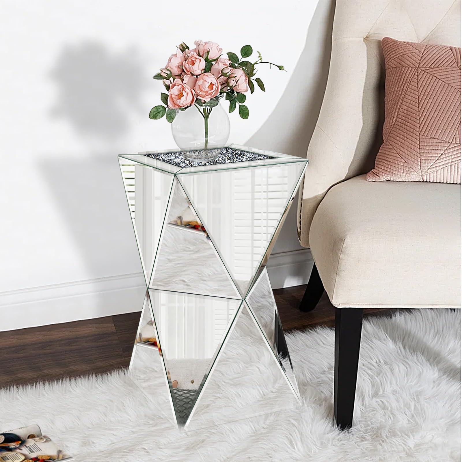 Pregaspor Sliver Mirrored End Table, Crushed Diamond Top Accent Side Table, Geometric Small Mirrored Coffee Table for Living Room, Bedroom, Corner, Small Space