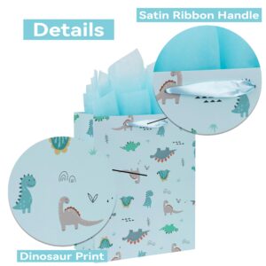 13” Large Light Blue Bag Set with Greeting Card and Tissue Paper (Dinosaur-themed Design) for Boys’, Girls', or Kids' Party, Baby Showers, Baby Girl, Baby Boy, Newborn, New Moms or Parents-10.2” x