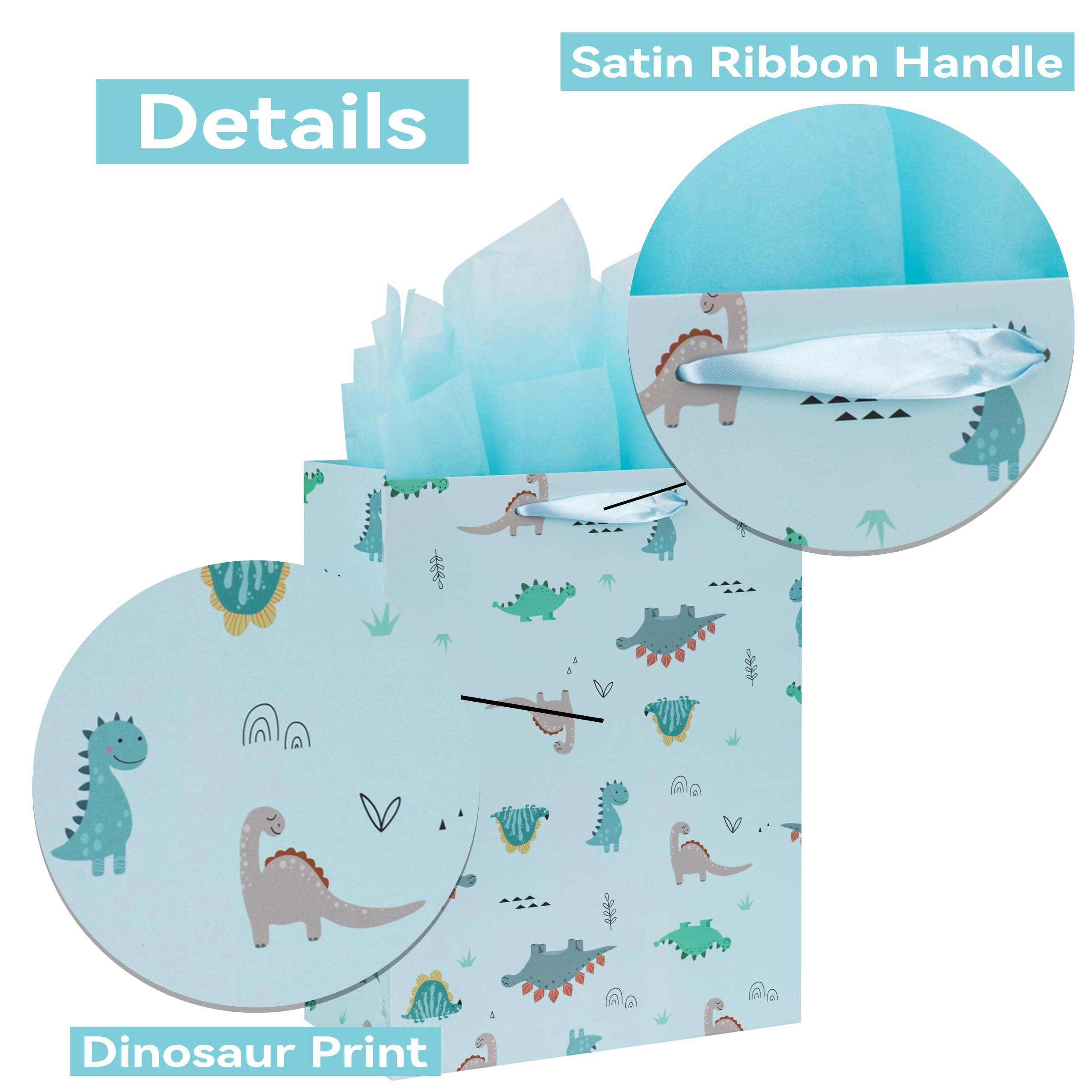 13” Large Light Blue Bag Set with Greeting Card and Tissue Paper (Dinosaur-themed Design) for Boys’, Girls', or Kids' Party, Baby Showers, Baby Girl, Baby Boy, Newborn, New Moms or Parents-10.2” x