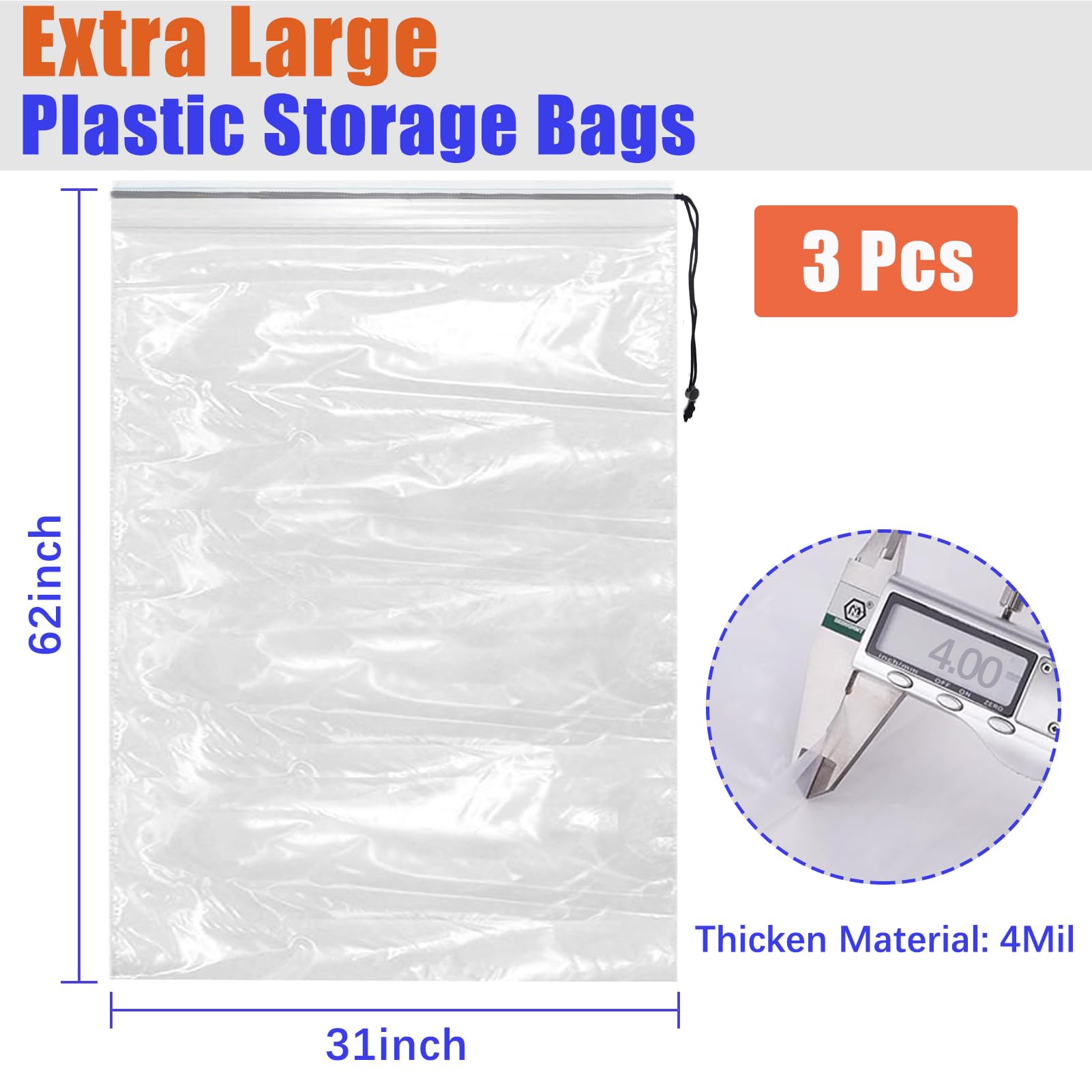 NVAAV 62x31 Inch Extra Large Clear Drawstring Plastic Bags 3 Pack(4 Mils), Dustproof Moistureproof Reusable Big Giant Luggage Storage Bag for Suitcase Garage Organizer, Blanket, Plush Toys