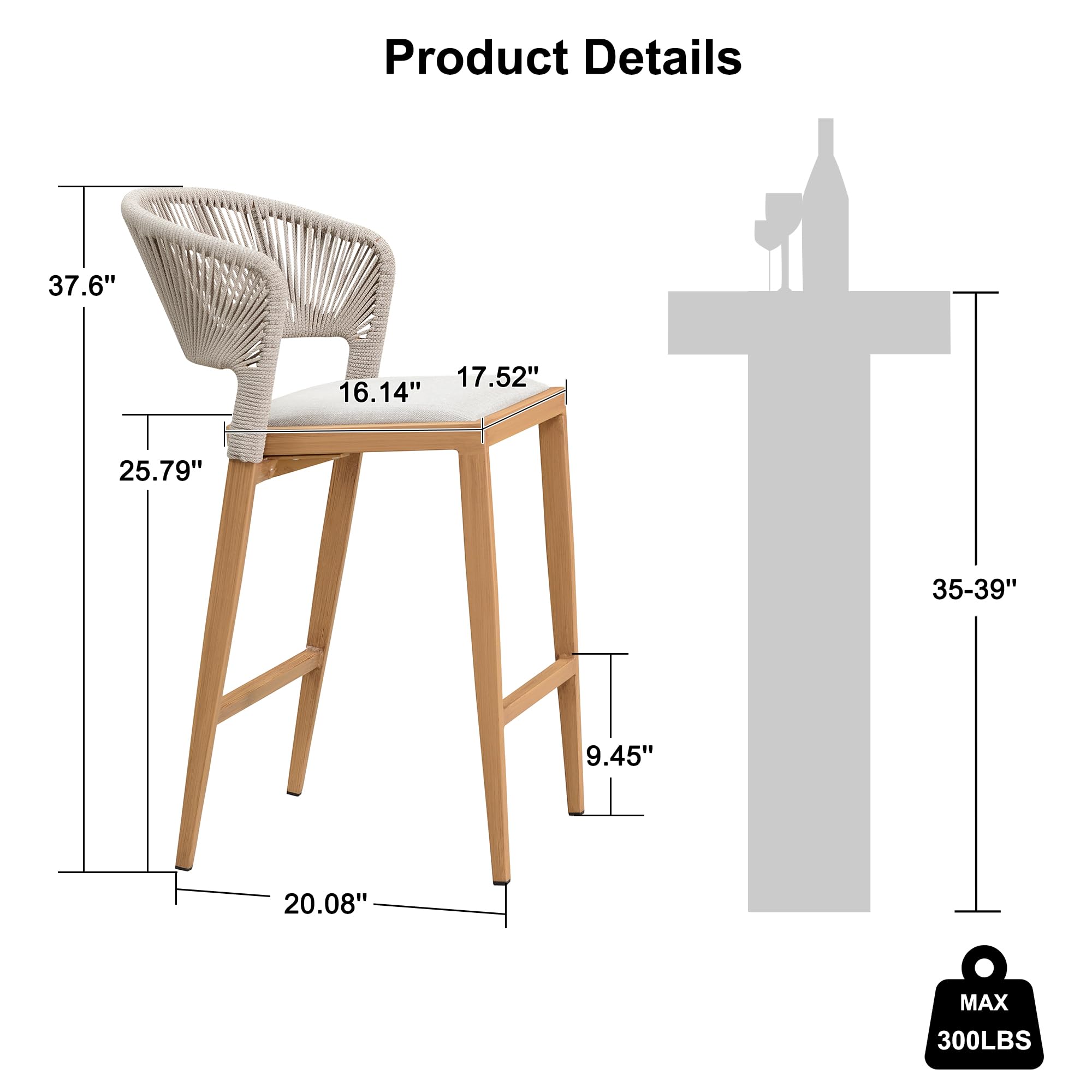 PURPLE LEAF Counter Height Bar Stool Set of 2 Outdoor Stool Chair with Backrest and Cushion Patio Bar Height Stools Wicker Barstools for Kitchen Light Brown Counter Stool