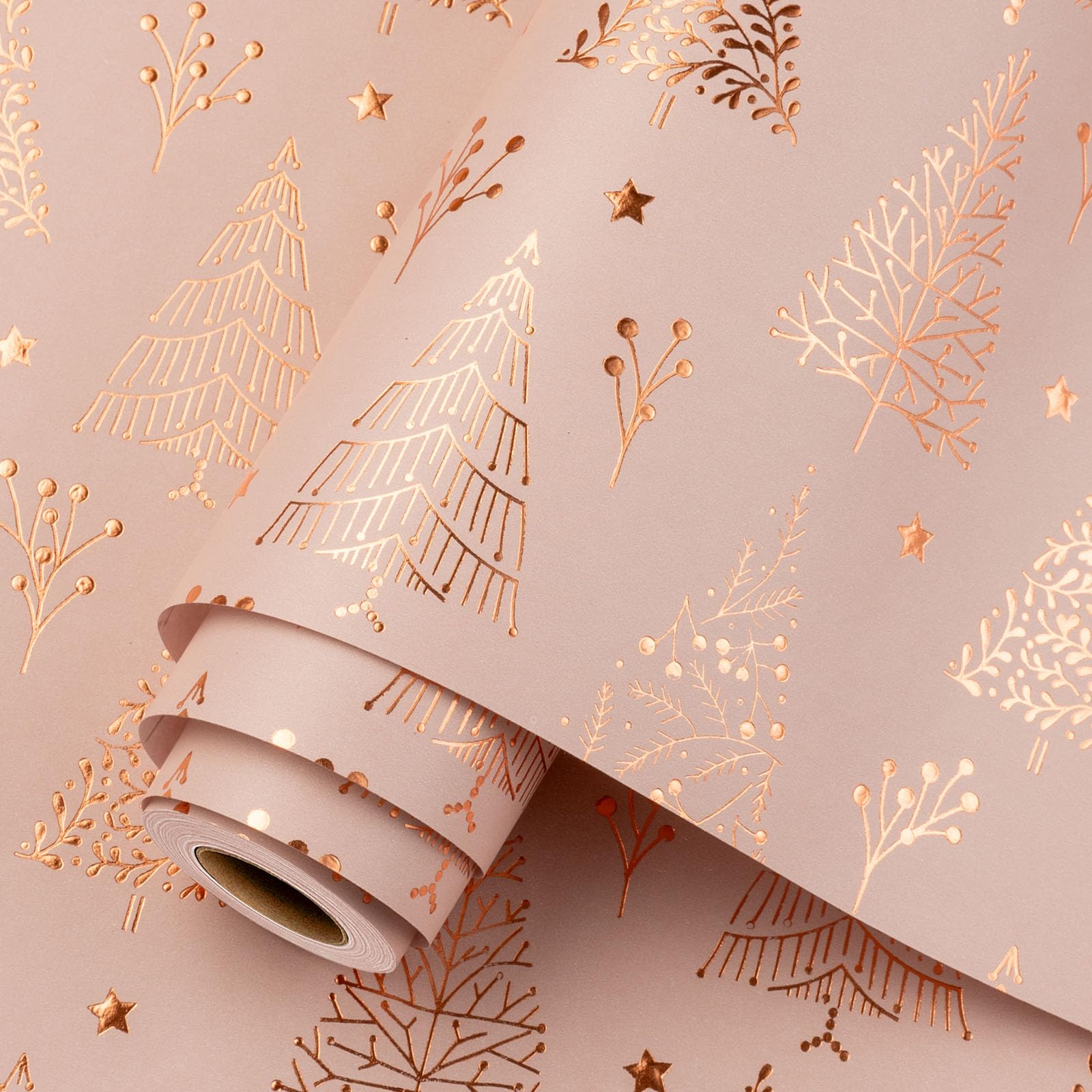 Homeral Christmas Wrapping Paper Roll - 46.8 sq.ft. 3D Embossed Foil Christmas Tree, Star on Rose Gold Pink for Christmas, New Year Celebration, Holiday - 17in x 33ft