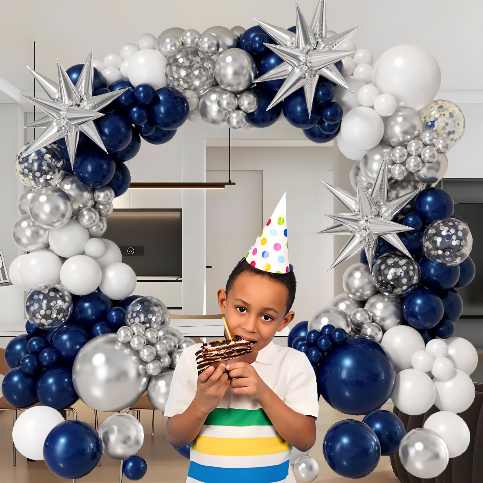 Bonropin Navy Blue and Silver Balloon Garland Arch Kit 158pcs with Blue White Silver Confetti Balloons, Star Foil Balloons, for Graduation New Year Anniversary Birthday Party Decorations