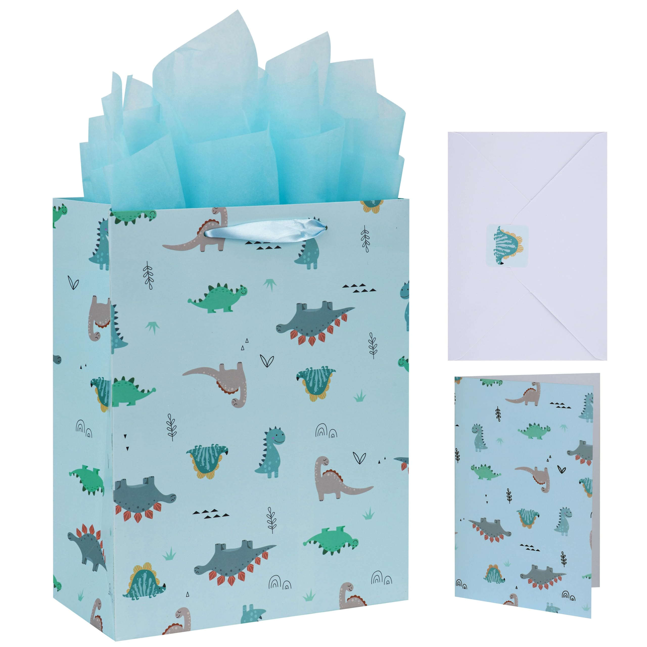 13” Large Light Blue Bag Set with Greeting Card and Tissue Paper (Dinosaur-themed Design) for Boys’, Girls', or Kids' Party, Baby Showers, Baby Girl, Baby Boy, Newborn, New Moms or Parents-10.2” x