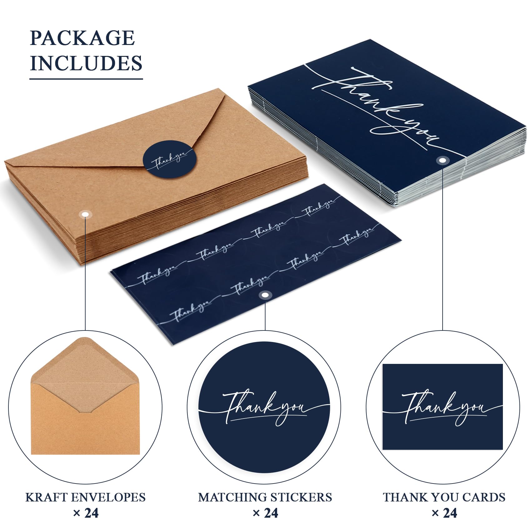 Thank You Cards With Envelopes 24 Pack, 4x6 Inch Thank You Cards Bulk with Elegant Design, Thank You Notes for Small Business, Wedding, Baby Shower, Graduation, Funeral, Bridal Shower - Navy Blue