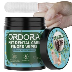 ordora pet teeth cleaning wipes for dogs & cats, dog teeth cleaning finger wipes - dog tooth brushing kit dental wipes - reduces plaque & freshens breath (50 pcs)