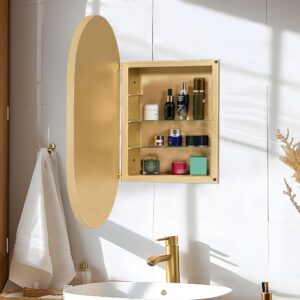 soges Gold Medicine Cabinet Mirror with 2 Adjustable Storage Shelves, 34”x20” Oval Recessed Medicine Cabinet with Beveled Edge Mirror for Bathroom, Wall Mounted Deep Metal Framed Mirror Cabinet