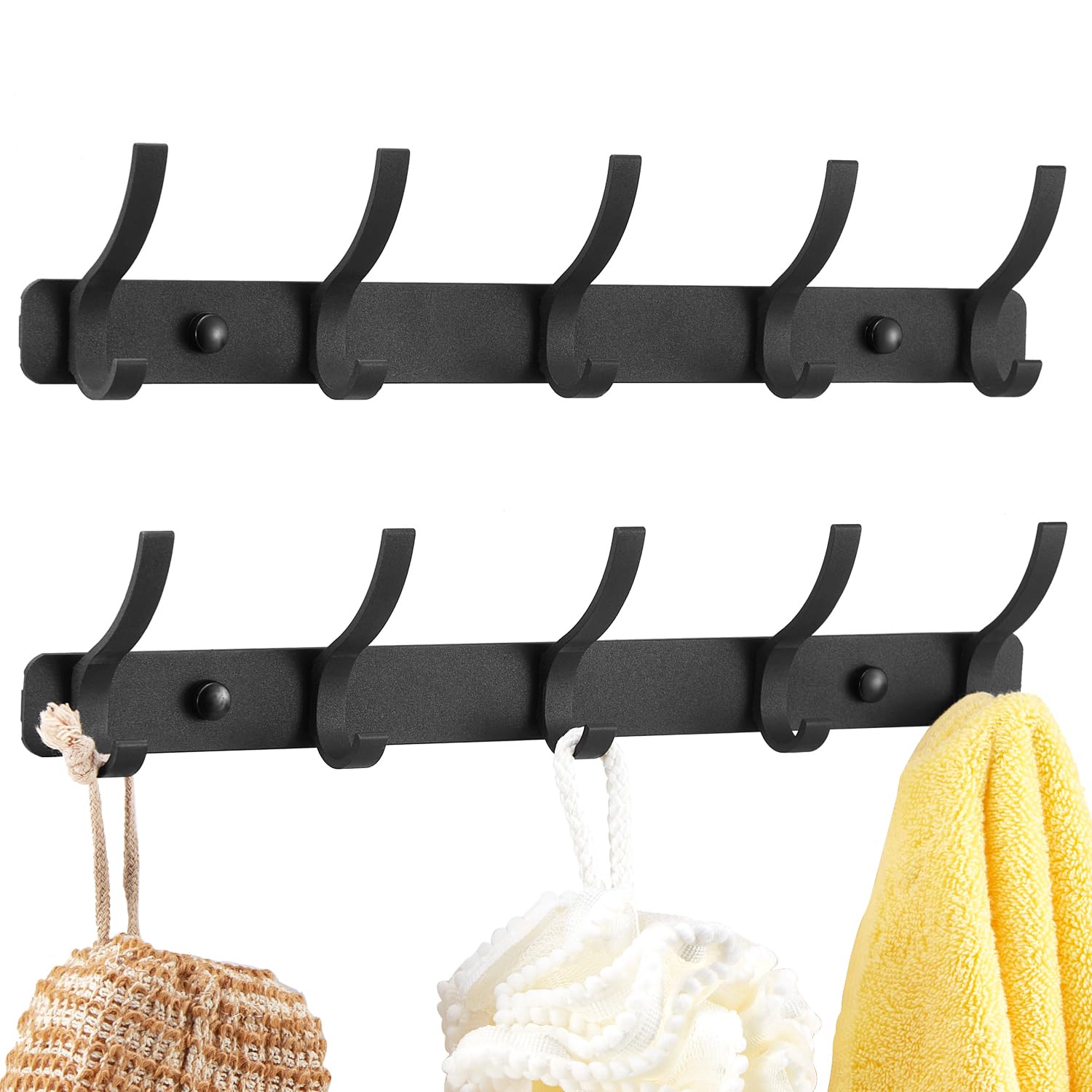 DECLUTTR 2 Pack Coat Rack Wall Mount, 5 Heavy Duty Wall Hooks for Hanging, Metal Wall Mounted Towel Rack Hat Rack for Mudroom Bathroom Entryway, Black