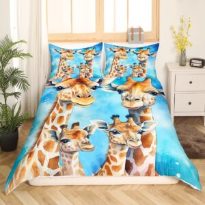 Manfei Giraffe Kids Duvet Cover Set Twin Size, Cute Giraffe Family Comforter Cover, Cartoon Animal Theme Bedding Set for Boys Girls Adults Bedroom Decor, Lightweight Bedspread Cover, 1 Pillowcase