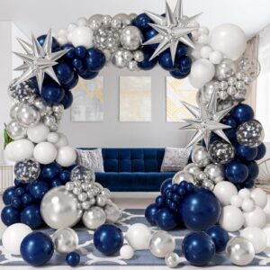 Bonropin Navy Blue and Silver Balloon Garland Arch Kit 158pcs with Blue White Silver Confetti Balloons, Star Foil Balloons, for Graduation New Year Anniversary Birthday Party Decorations