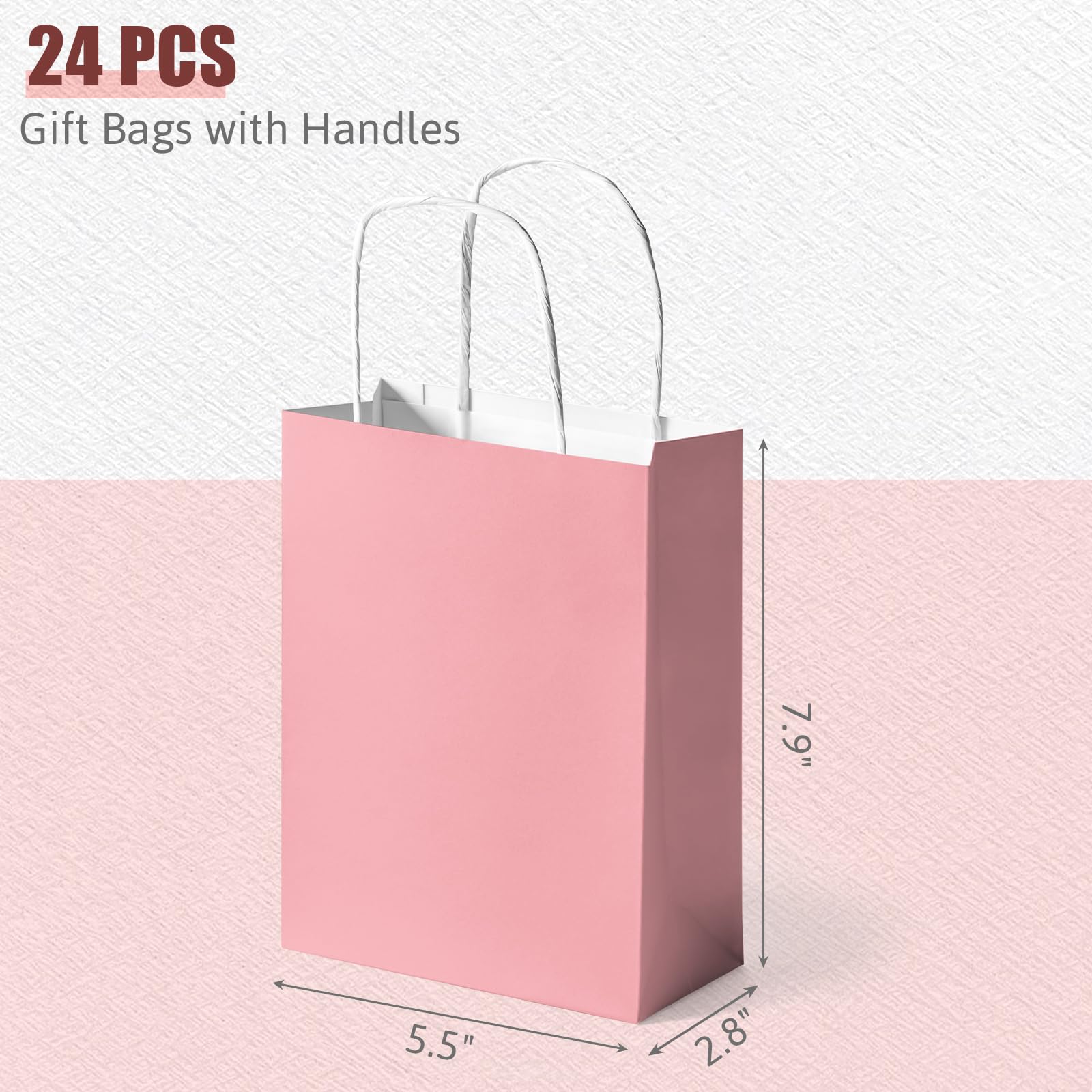 Shindel 24PCS Gift Bags With Handle, 5.5" x 2.8" x 7.9" Pink Party Favor Bags Kraft Paper Goodie Bags for Birthday Party Wedding Anniversary