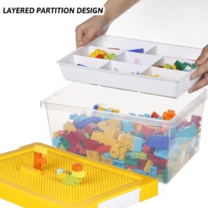 loobuu Plastic Storage Bins with Lids - 1 Set Stackable Arts Crafts Organizer Box with Removable Divided Tray &Compatible Building Baseplate,Toy Chest Containers for Bricks-Yellow(14.37"x9.64"x6.69")