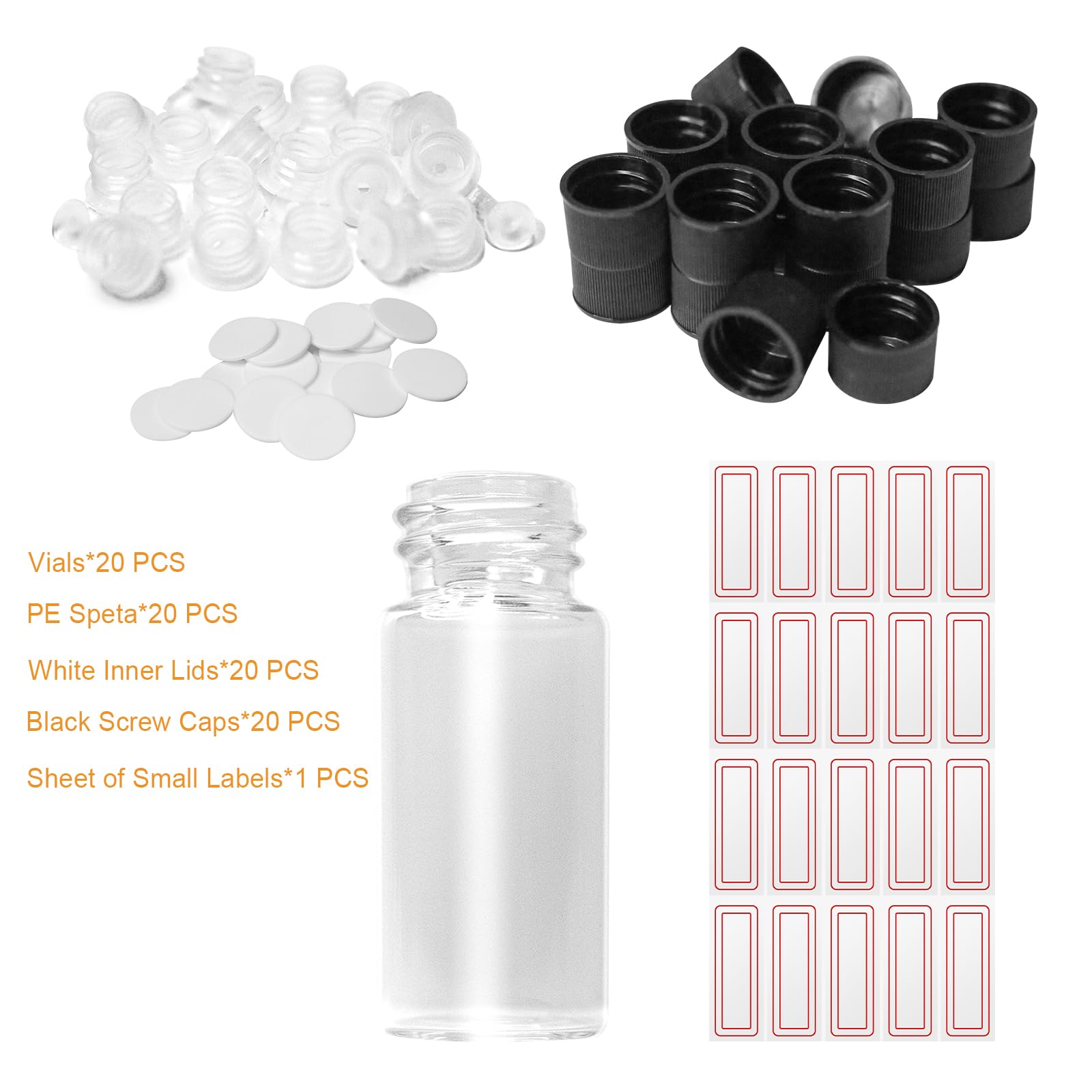 Sunrisesu 20PCS 10ml Clear Glass Vials with Screw Caps, Leak-Proof Black Screw Cap with PE Liners for Essential Oil, Reagent, Seeds Small Liquid Sample Vial