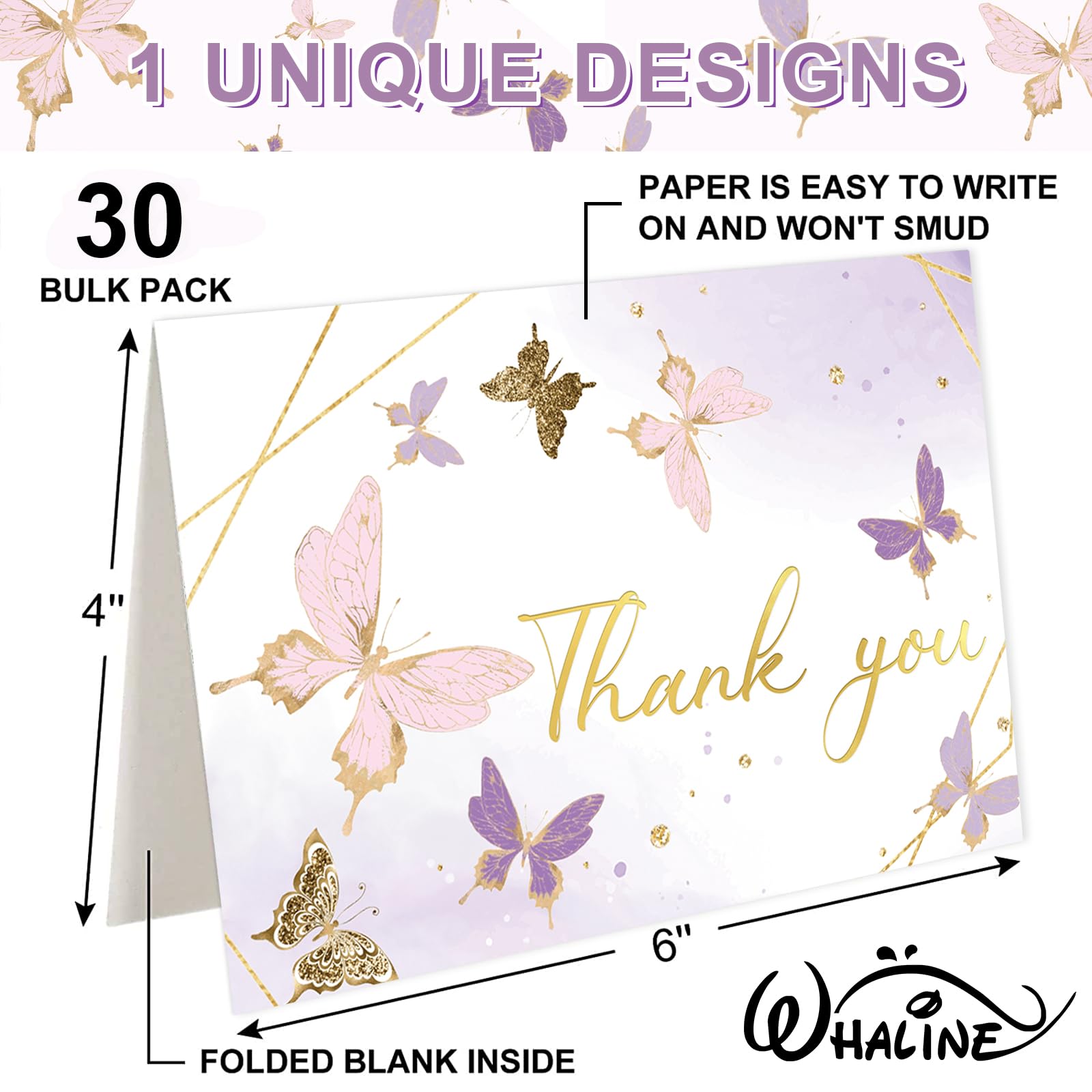 Whaline 30 Pack Butterfly Thank You Cards Gold Foil Purple Greeting Cards with Envelopes Stickers Lavender Blank Note Cards for Party Invitation Supplies, 4 x 6 Inch