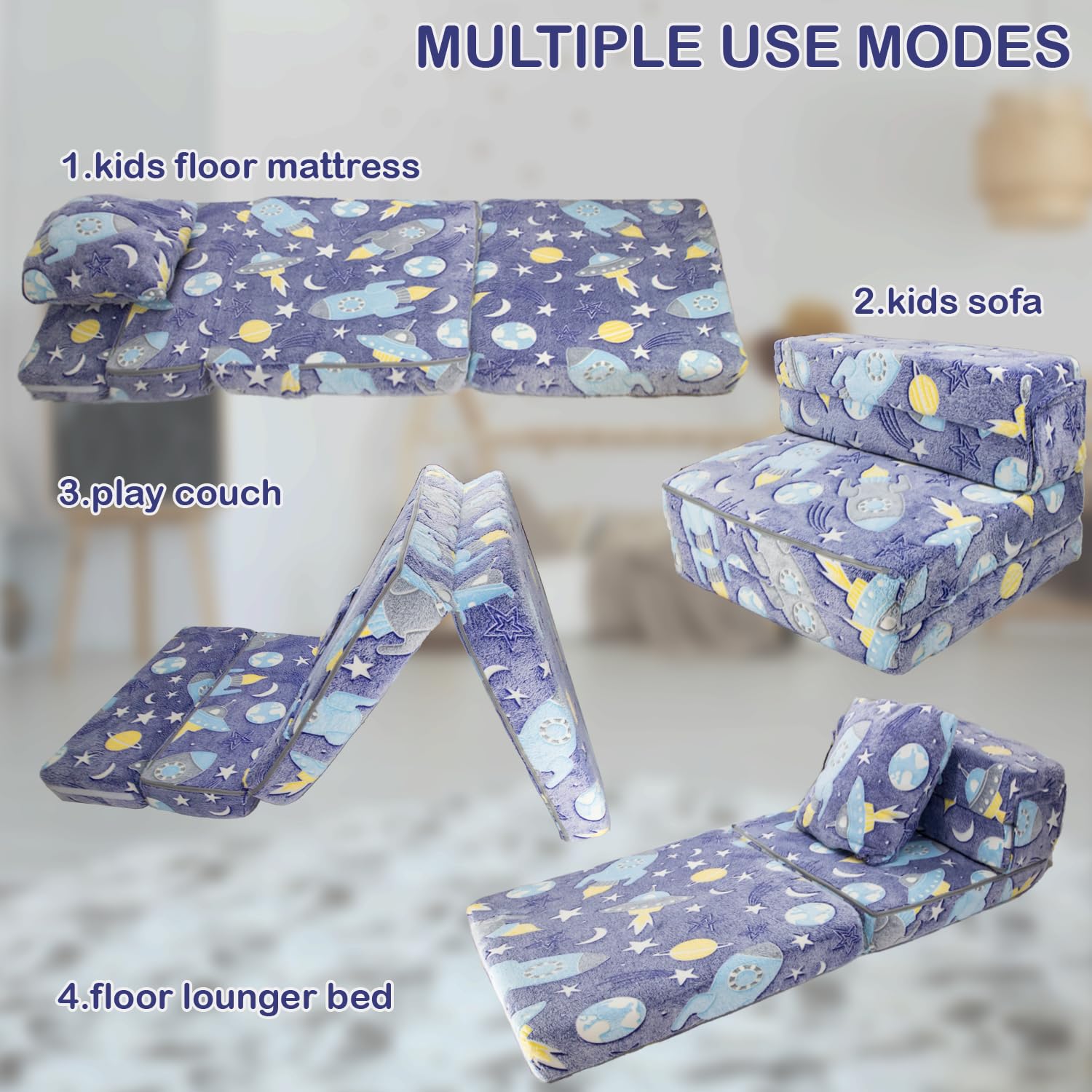 Asou Kids Fold Out Sofa Bed Floor Mattress with Throw Pillow Glow in The Dark Kids Sofa Couch Floor Mattress Foldable Mattress Floor Sofa Bed Couch for Kids Toddlers