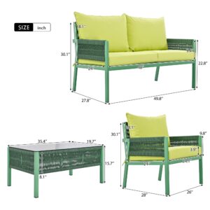 Merax 4-Piece Rope Outdoor Patio Furniture Conversation Set with Tempered Glass Table, Deep Seating and Thick Cushion for Backyard, Porch, Balcony, Green