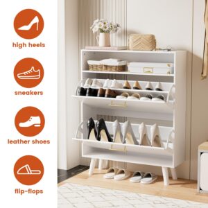 HOUROM Shoe Cabinet for Entryway, White Slim Shoe Cabinet Storage with 2 Flip Drawers, 2 Tier Freestanding Shoe Organizer for Entryway, Hallway, Living Room