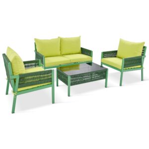 Merax 4-Piece Rope Outdoor Patio Furniture Conversation Set with Tempered Glass Table, Deep Seating and Thick Cushion for Backyard, Porch, Balcony, Green