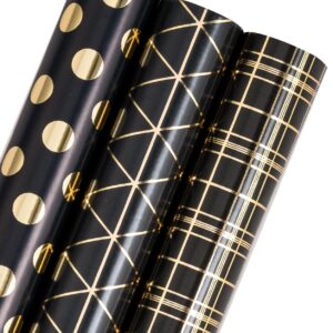 WRAPAHOLIC Black Birthday Wrapping Paper Roll - Mini Roll - 3 Rolls - 17 inch x 120 inch Per Roll - Black Gold Design for Wedding, Holiday, Party, Baby Shower