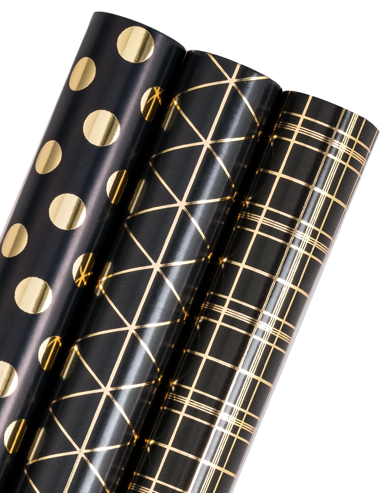 WRAPAHOLIC Black Birthday Wrapping Paper Roll - Mini Roll - 3 Rolls - 17 inch x 120 inch Per Roll - Black Gold Design for Wedding, Holiday, Party, Baby Shower