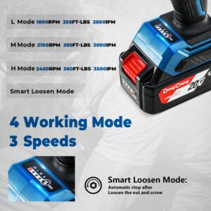 Dong Cheng 20V Cordless Impact Wrench, Max Torque 360 ft-lbs (488N.m), 1/2 inch with 3 Mode Speed, 2400 RPM Brushless Impact Gun, Includes 4.0Ah Battery, Charger, 4 Impact Sockets and Kit Bag