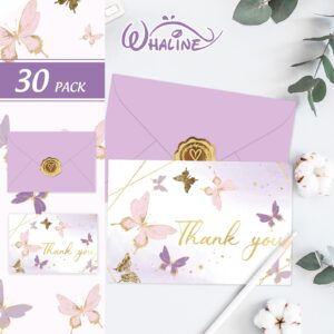 Whaline 30 Pack Butterfly Thank You Cards Gold Foil Purple Greeting Cards with Envelopes Stickers Lavender Blank Note Cards for Party Invitation Supplies, 4 x 6 Inch