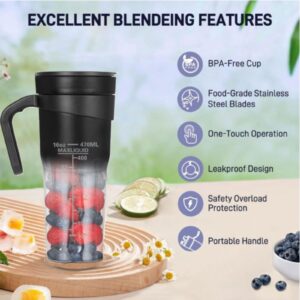 Portable Blender, Personal Blender for Shakes and Smoothies, 16 oz Personal Size Blender, Smoothie Blender with 6 Blades, BPA Free, USB Rechargeable, Juicer Blender with Straw, Black