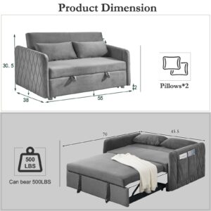 Velvet Pull Out Sofa Bed, 3 in 1 Convertible Loveseat Sleeper, Pull Out Couch with Adjustable Backrest, Side Pocket and 2 Throw Pillows, Chaise Lounge Futon Couch for Living Room Bedroom (Grey)