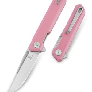 BESTECHMAN Mini Dundee Pocket Folder Folding Knife: 2.92" D2 Steel Stonewash Satin Blade, G10 Scales, EDC Reversible Deep Clip, BMK03B (Pink)