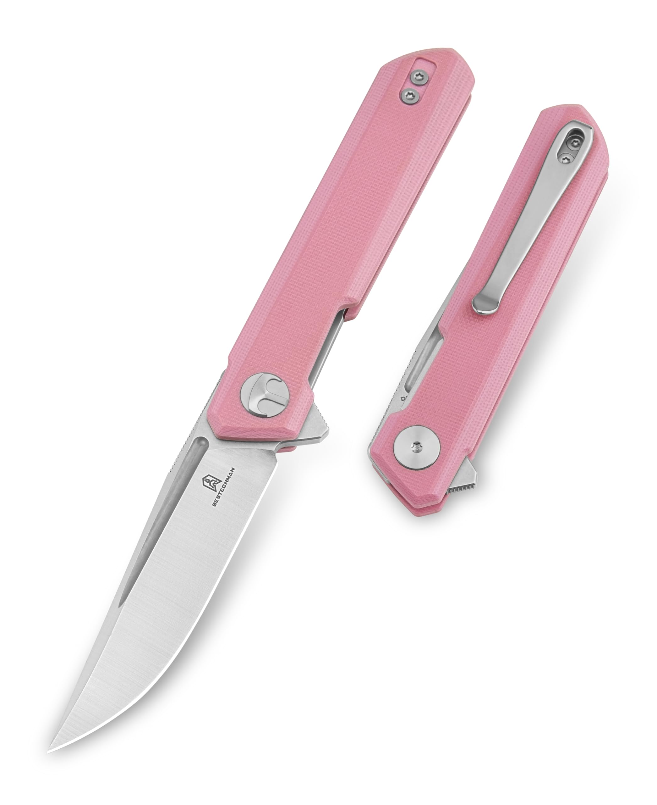 BESTECHMAN Mini Dundee Pocket Folder Folding Knife: 2.92" D2 Steel Stonewash Satin Blade, G10 Scales, EDC Reversible Deep Clip, BMK03B (Pink)