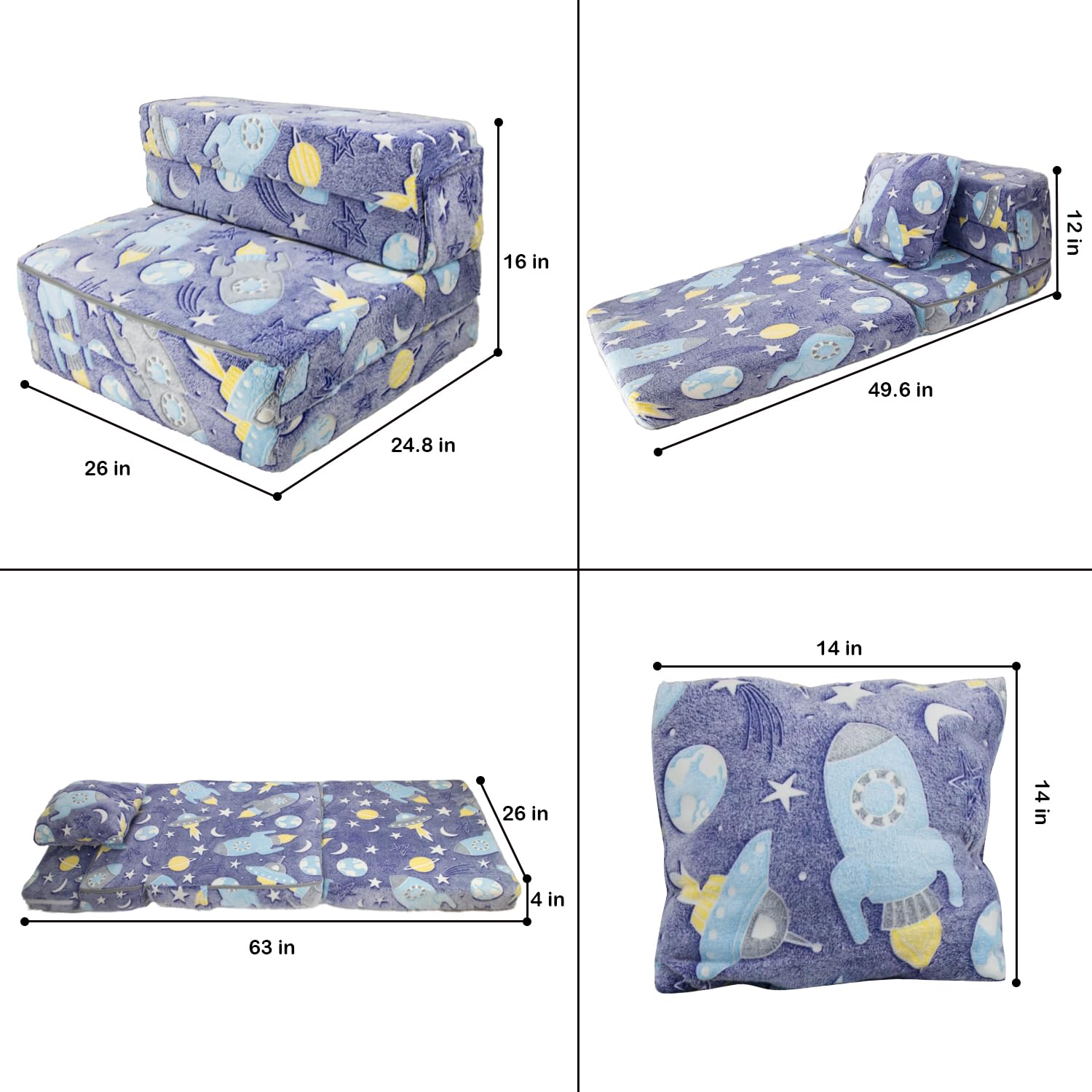 Asou Kids Fold Out Sofa Bed Floor Mattress with Throw Pillow Glow in The Dark Kids Sofa Couch Floor Mattress Foldable Mattress Floor Sofa Bed Couch for Kids Toddlers