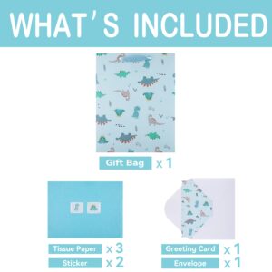 13” Large Light Blue Bag Set with Greeting Card and Tissue Paper (Dinosaur-themed Design) for Boys’, Girls', or Kids' Party, Baby Showers, Baby Girl, Baby Boy, Newborn, New Moms or Parents-10.2” x