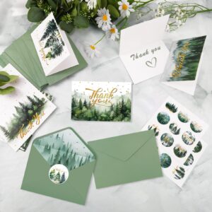 Konsait 24 Sheets Green Forest Thank You Cards with Envelopes, 6 Designs Watercolor Cards Pines Woodland Thank You Cards 4 x 6 in Thank You Cards Thank You Notes for Bridal Shower Wedding Baby Shower