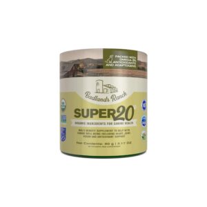 badlands ranch - super20 canine supplement organic ingredients multi-benefit supplement, ashwagandha, help w/canine well-being, heart, joint, vision, antioxidant support by katherine heigl (30 scoops)