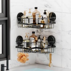 taili suction shower caddy 2 pack with hooks, drill-free rotating stainless steel shower shelf basket, removable heavy duty shower rack organizer for bathroom, black