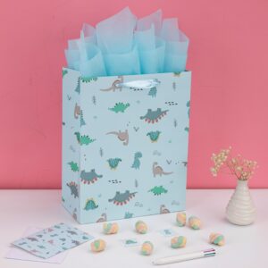 13” Large Light Blue Bag Set with Greeting Card and Tissue Paper (Dinosaur-themed Design) for Boys’, Girls', or Kids' Party, Baby Showers, Baby Girl, Baby Boy, Newborn, New Moms or Parents-10.2” x