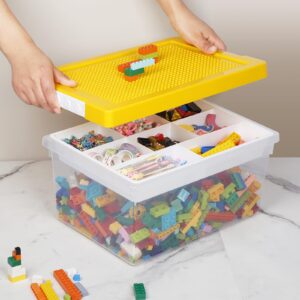 loobuu Plastic Storage Bins with Lids - 1 Set Stackable Arts Crafts Organizer Box with Removable Divided Tray &Compatible Building Baseplate,Toy Chest Containers for Bricks-Yellow(14.37"x9.64"x6.69")