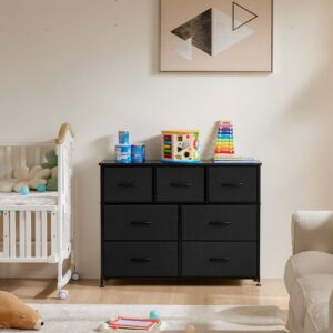 DUMOS Dresser for Bedroom with 7 Drawers, Storage Organizer Units Furniture, Chest Tower TV Stand with Fabric Bins, Metal Frame, Wooden Top for Nursery, Living Room, Kidsroom, Closet, Black