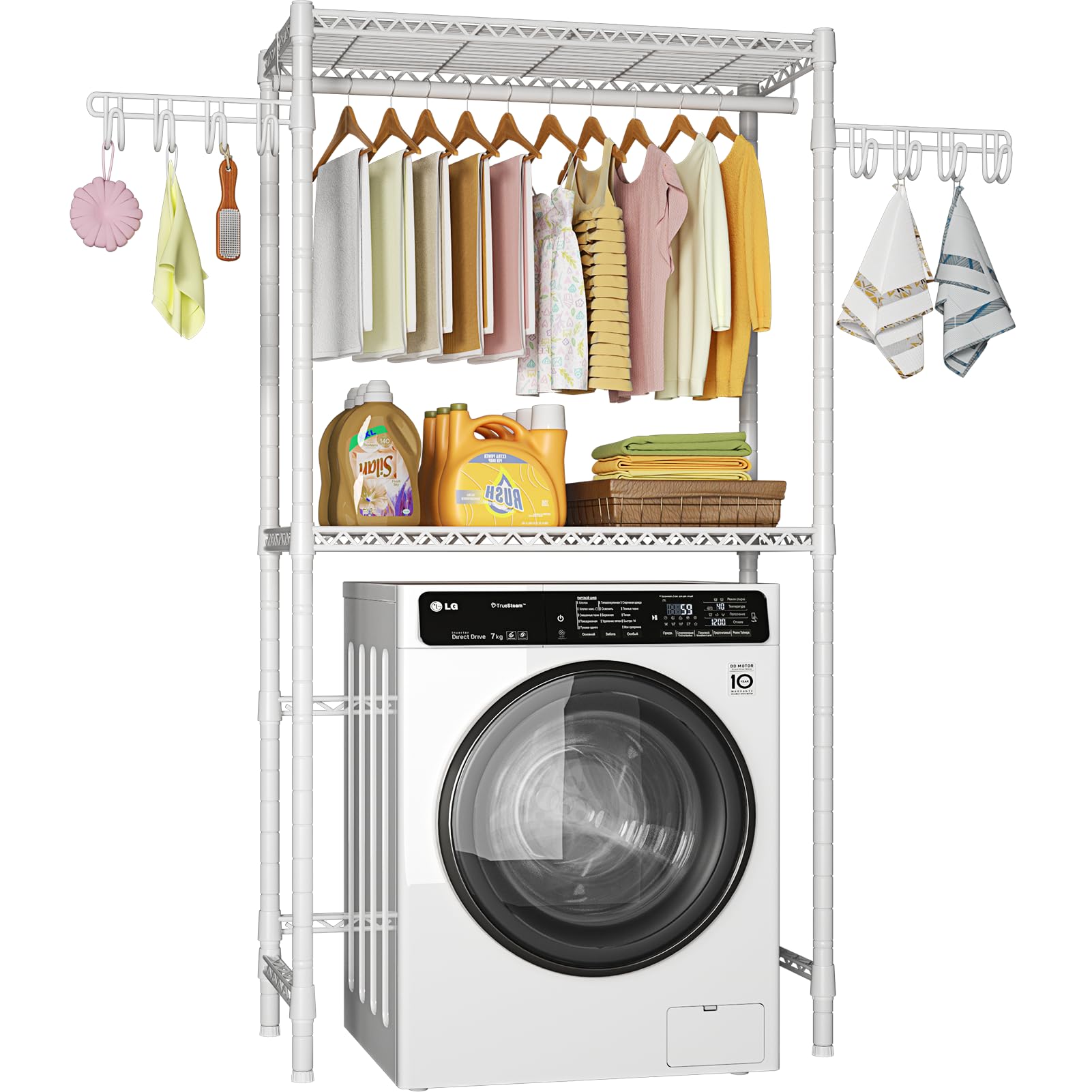 Ulif U12 Over Washer and Dryer Storage Shelves, Laundry Room Storage Rack for Organization, Clothes Drying Rack for Hanging Clothes and Towels, 35" W x 13.4" D x 77.3" H, White