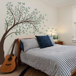 Prabahdak 4 Sheets Green Tree Wall Decals Big Tree Wall Stickers Large DIY Peel and Stick Flying Leaves Wall Decor for Kids Bedroom Living Room Nursery Rooms TV Sofa Background Decoration