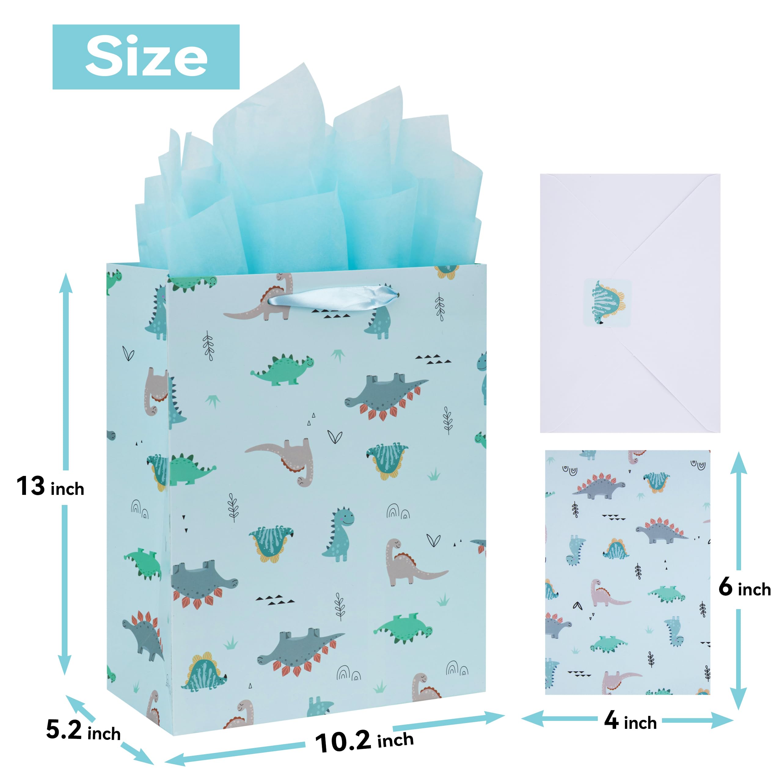 13” Large Light Blue Bag Set with Greeting Card and Tissue Paper (Dinosaur-themed Design) for Boys’, Girls', or Kids' Party, Baby Showers, Baby Girl, Baby Boy, Newborn, New Moms or Parents-10.2” x