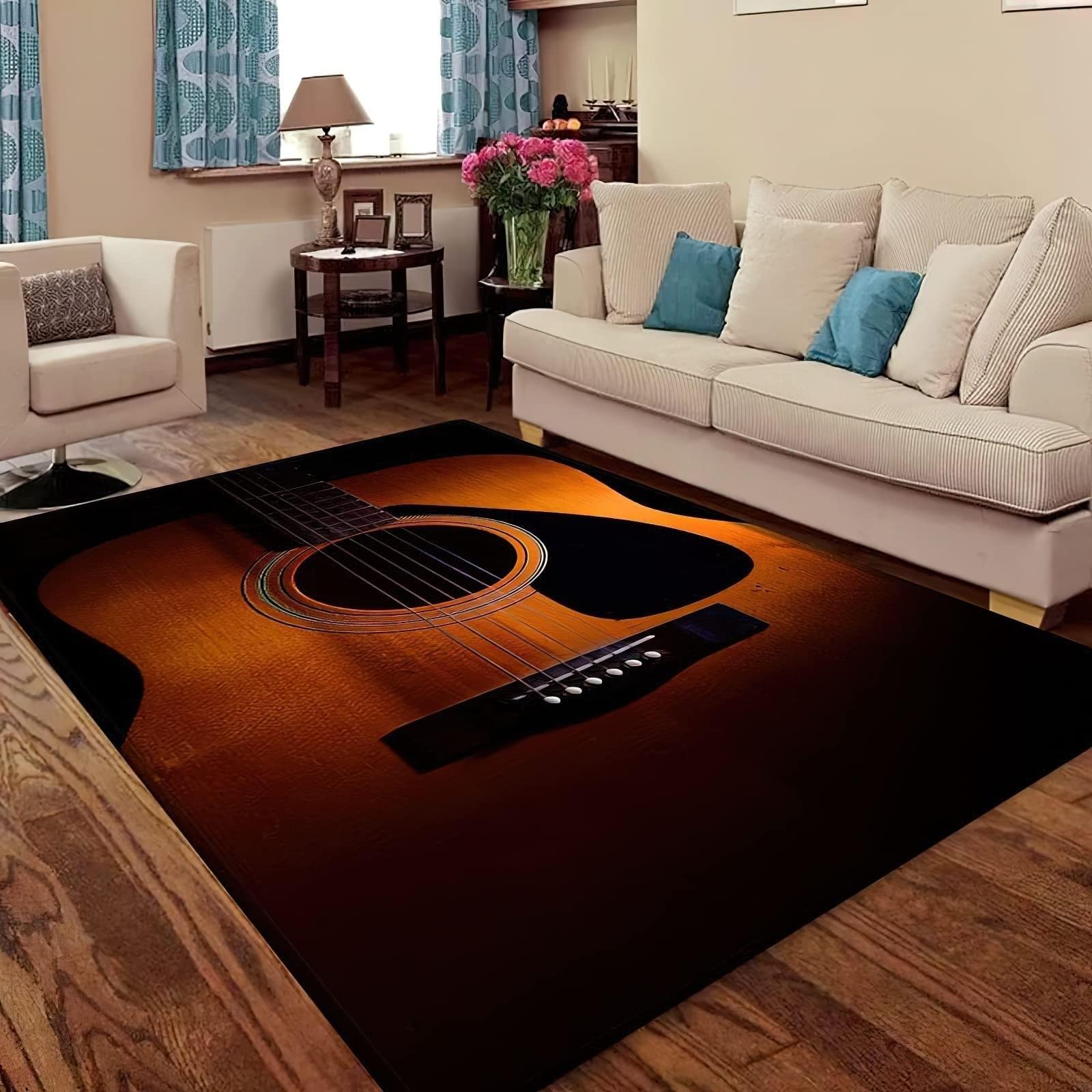 FNOIMO Brown Black Wooden Guitar Area Rug, Retro Music Lovers Indoor Rugs, with Anti-Slip Easy Clean Carpet for Living Room Bedroom Kitchen Dining Room Home Office - 6' x 8', Style-6